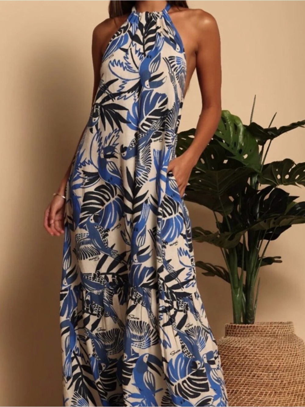 Halter Neck Blue & Cream Tropical Maxi Dress